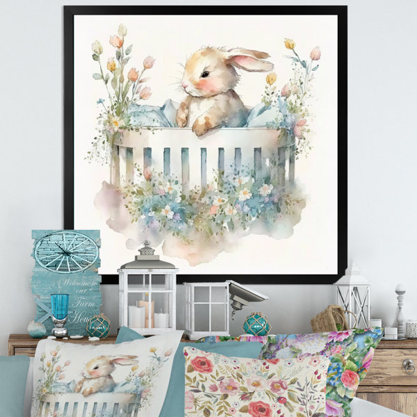 Zoomie Kids Baby Bunny In Crib With Flowers II Baby Bunny In Crib With
